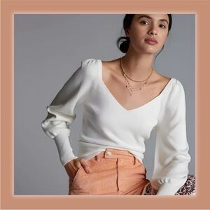 V-Neck Puff Sleeve Knit Top in Cream